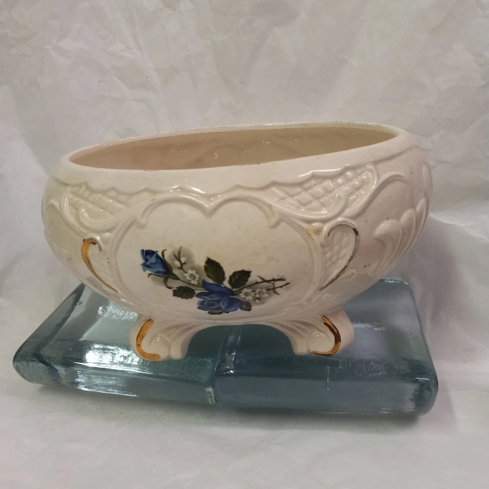 VINTAGE Maurice of California Footed Planter Beige Blue Rose Buffet Table Decor
